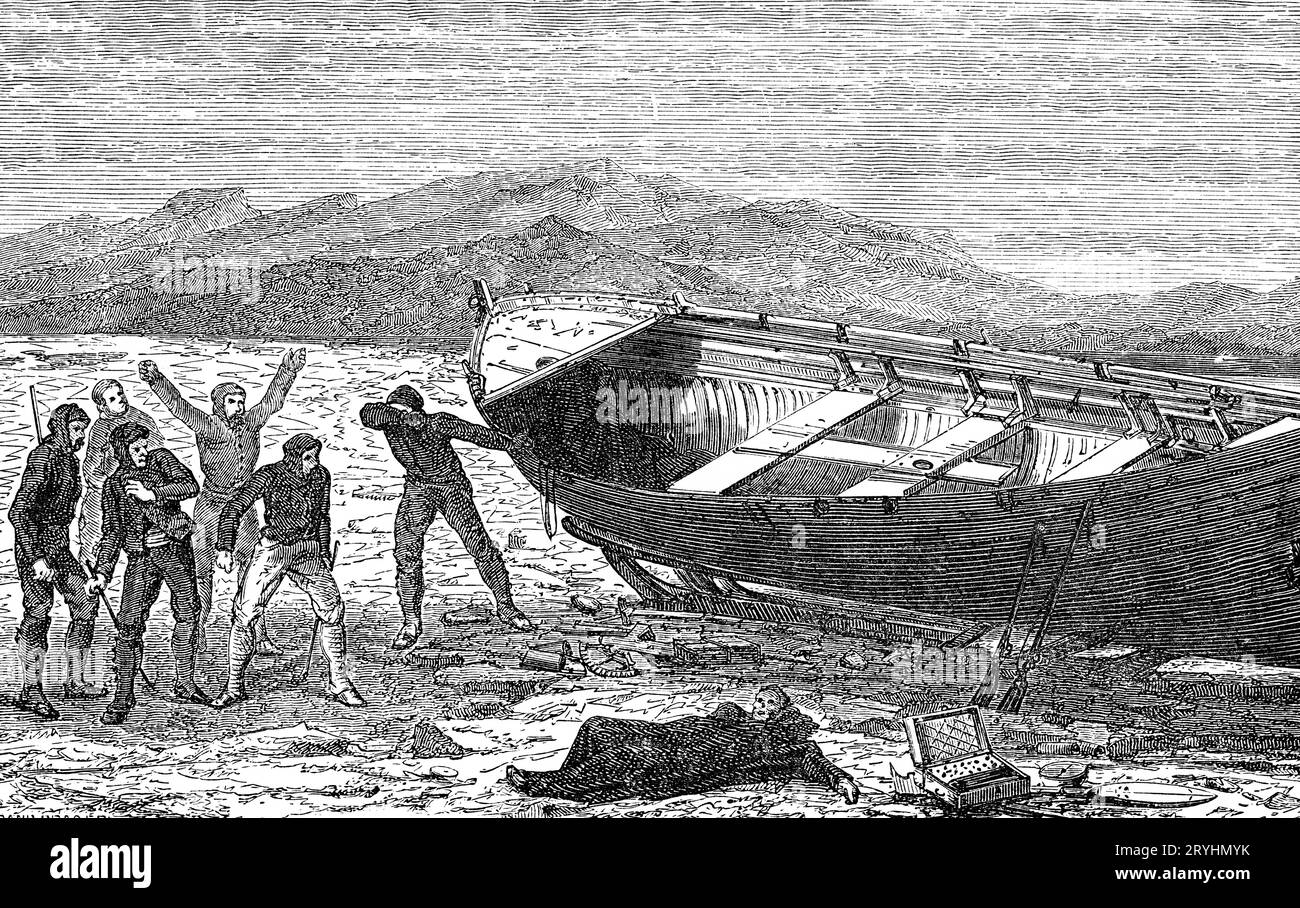 William Hobson and the men of the McClintock Artic Expedition finding the remains of one of Franklin's crew and a lifeboat, 1859. Sir John Franklin's (1786-1847), expedition left England in 1845 aboard two ships, HMS Erebus and HMS Terror, and was assigned to traverse the last unnavigated sections of the Northwest Passage. The expedition met with disaster after both ships and their crews became icebound in Victoria Strait near King William Island. Stock Photo