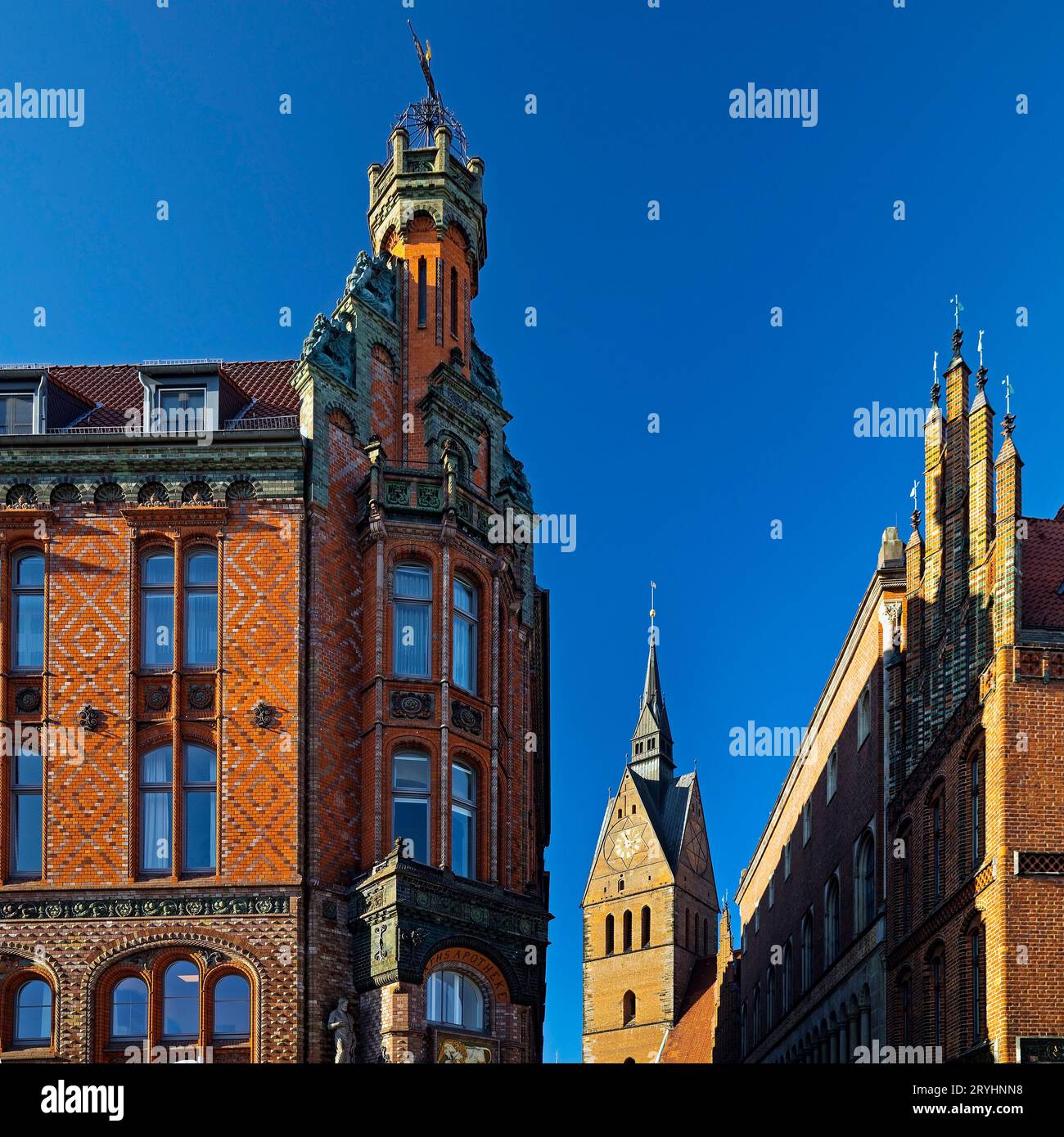 Town Hall Pharmacy, Market Church and Old Town Hall, North German Brick Gothic, Hanover, Germany Stock Photo