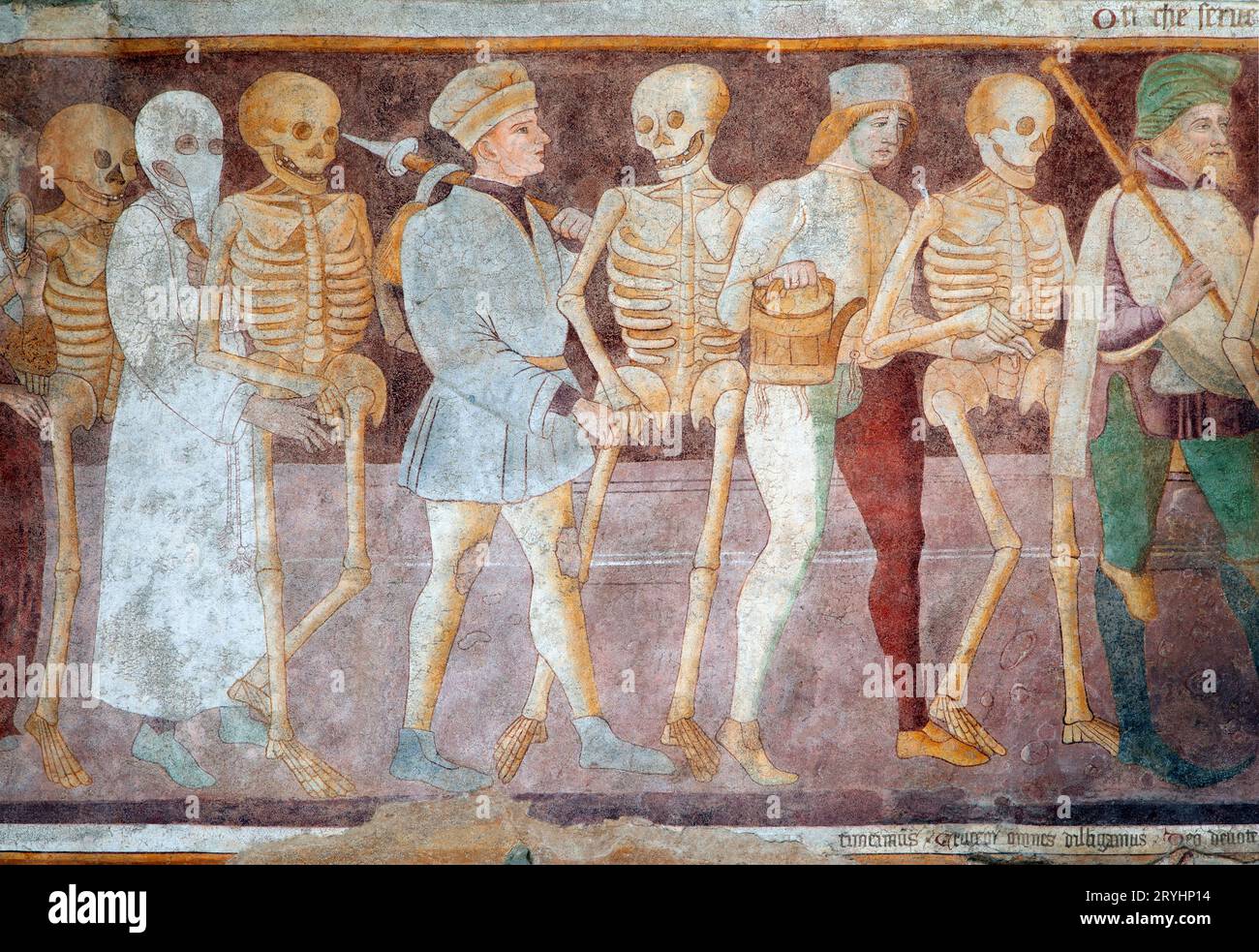 People and skeletons go towards the death, medieval fresco in Clusone, Italy Stock Photo