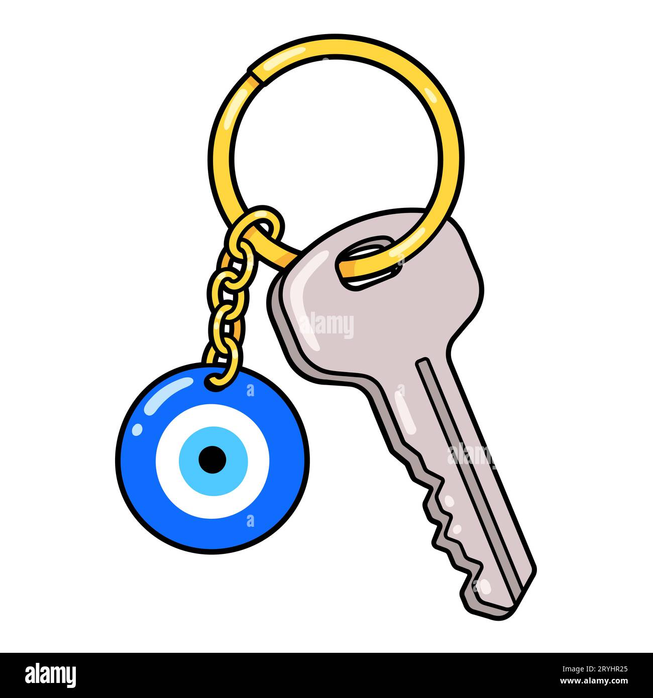 Turkish Evil Eye amulet. Blue glass eye charm on keyring with house key. Cartoon drawing, isolated vector clip art illustration. Stock Vector