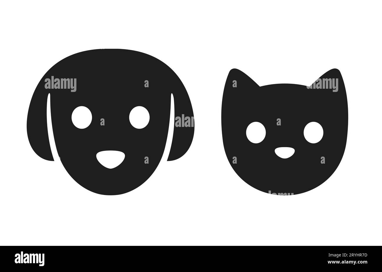 Cat and dog head icon. Simple stylized pet face pictogram, black silhouette with eyes and nose. Vector illustration set. Stock Vector