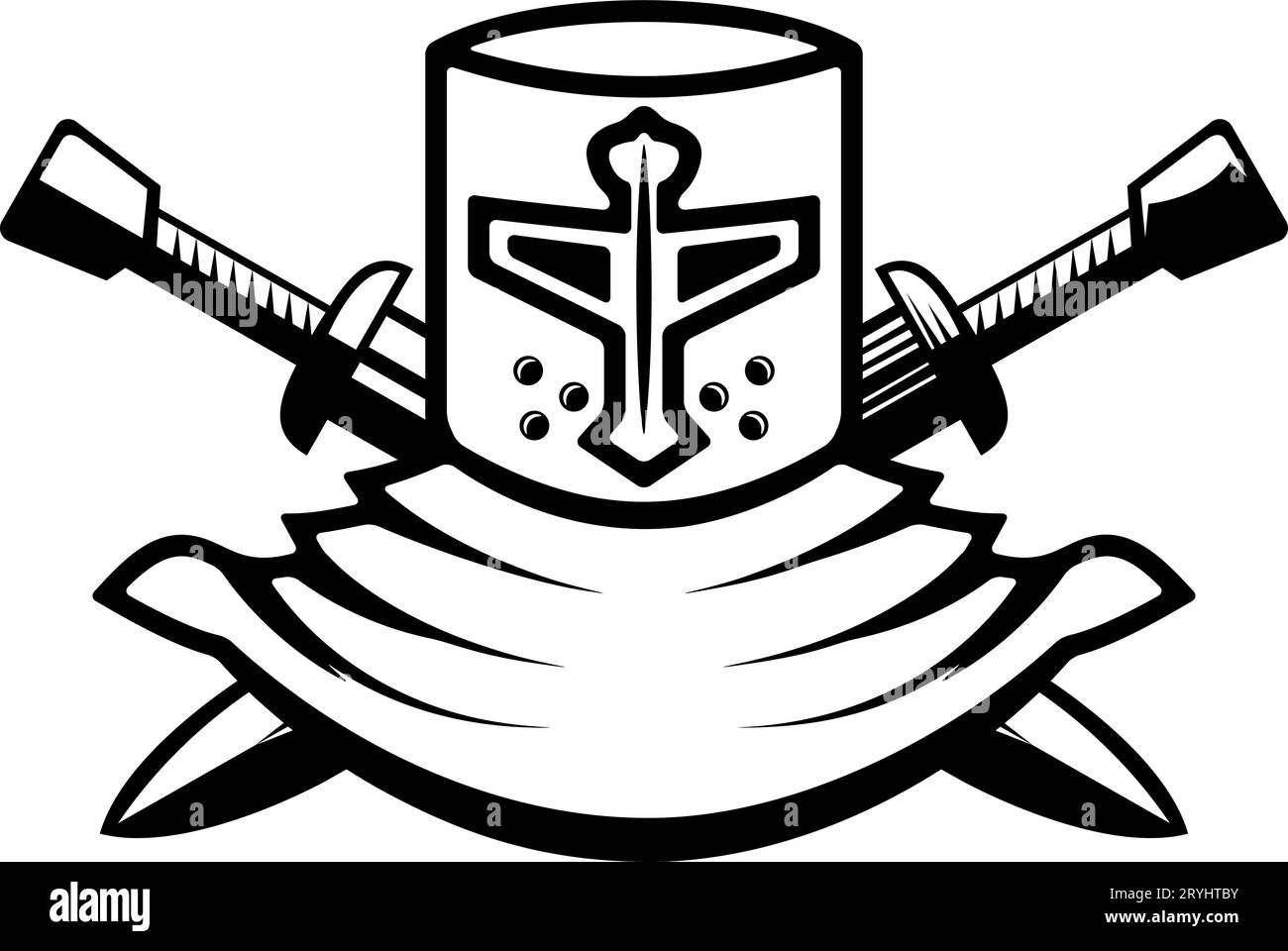 Knight helmet with crossed swords. Warrior helmet with swords. Design element Stock Vector