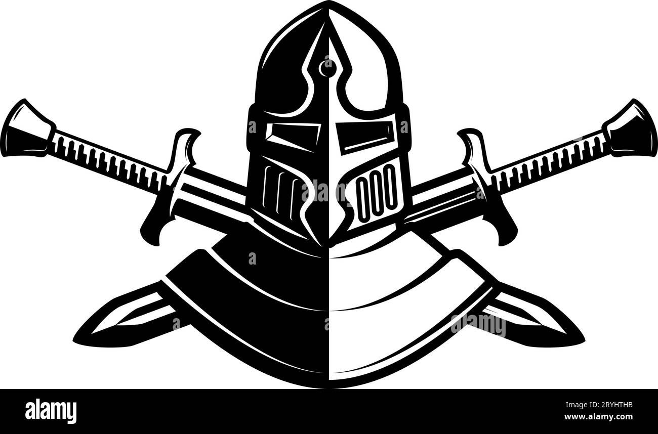 Knight helmet with crossed swords. Warrior helmet with swords. Design