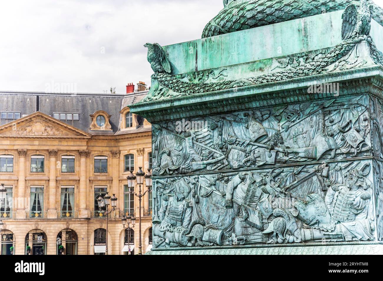 Detail of Vendome Column, built in 19th century in Place Vendôme, square in the 1st arrondissement of Paris, France Stock Photo