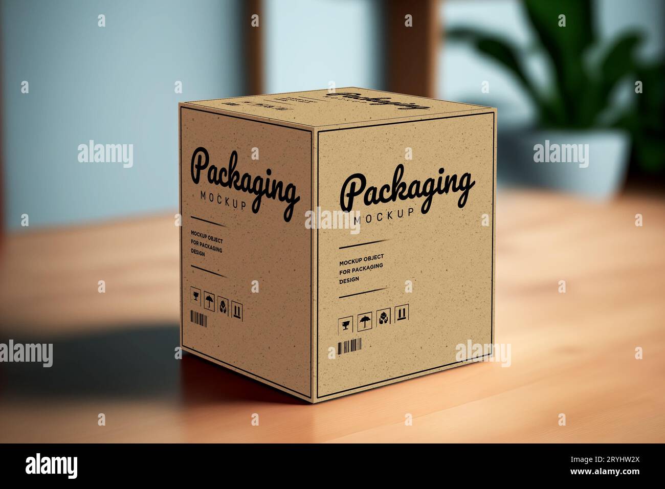 Product cubic box mockup - Realistic brown carton package with copy space. Stock Photo