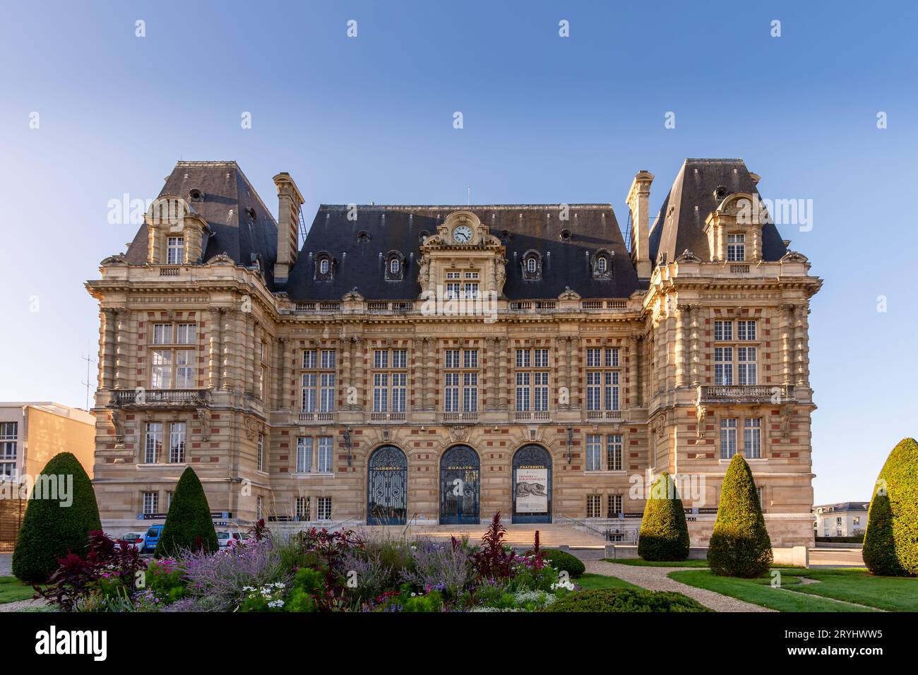 Exterior view of Versailles City Hall. Versailles is a town located west of Paris, in the Yvelines department in the Ile-de-France region Stock Photo
