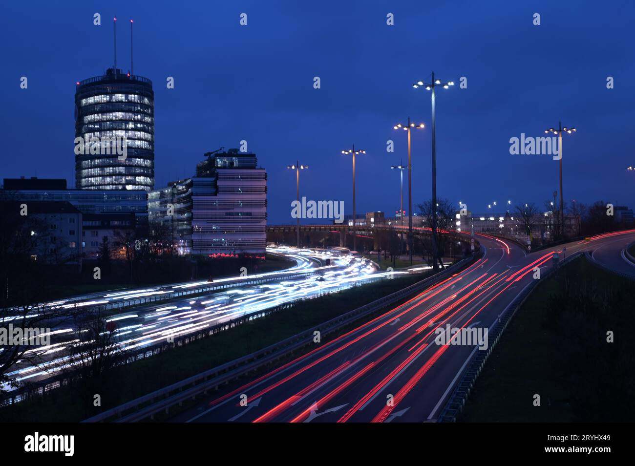 High-angle of cars in a traffic jam during evening light trails on the rouds rush hour Stock Photo