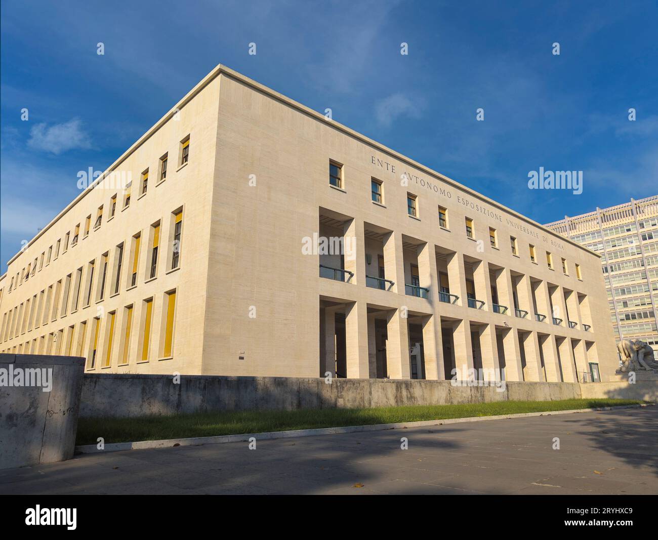 Palazzo degli Uffici is a building in Rome located in the EUR district, home to the offices of the  Universal Exhibition Authority of Rome, Italy Stock Photo