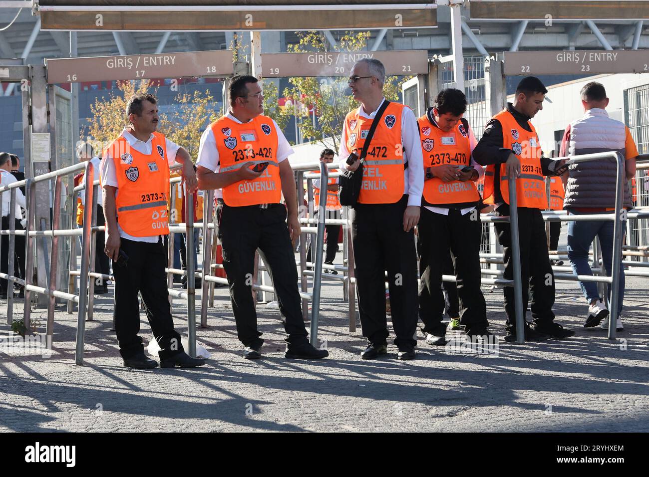 Security guards outside the Ali Sami Yen Sports Complex Rams Park   (home of Galatasaray FC) in Istanbul, Turkey Stock Photo