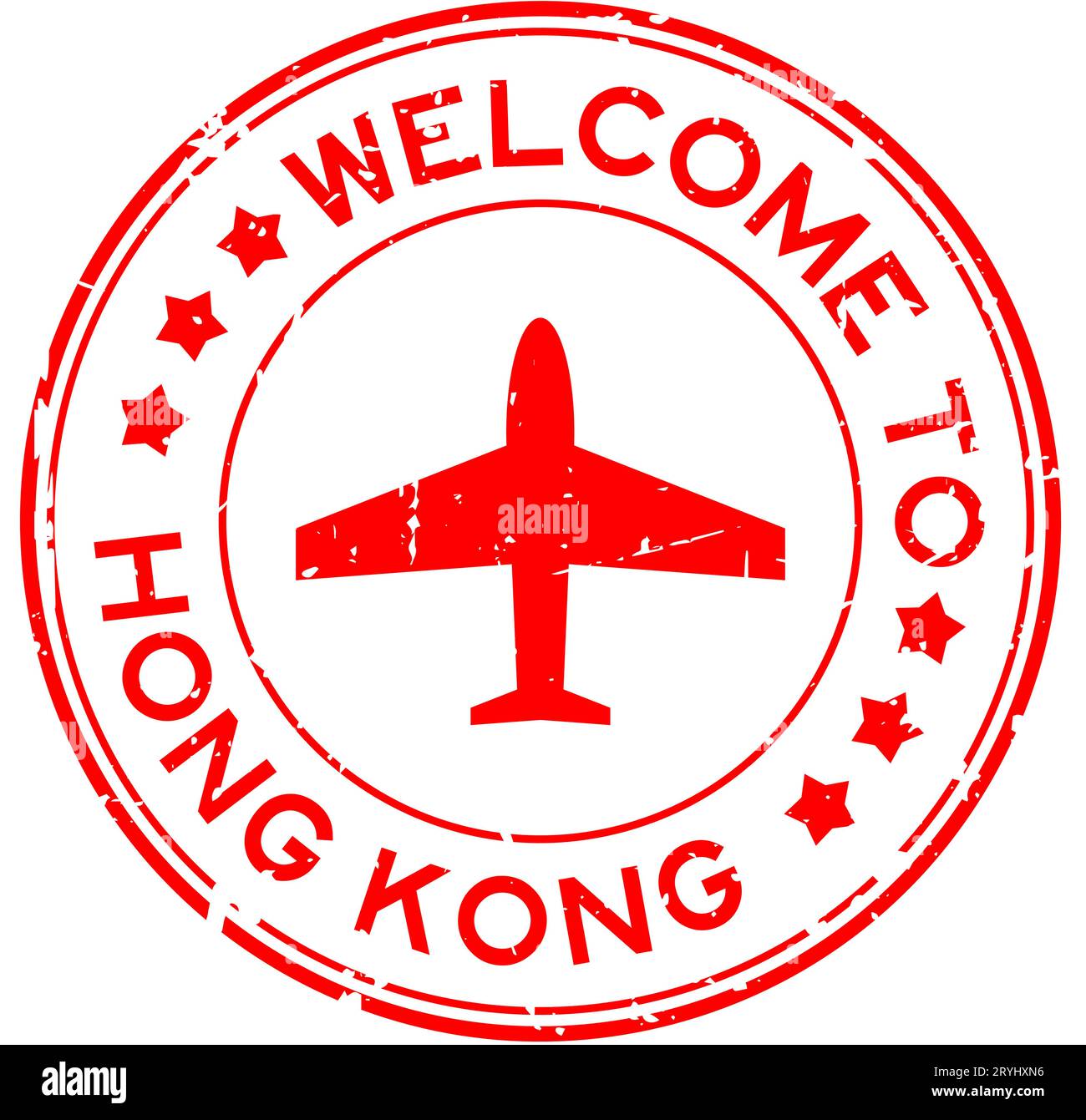 Grunge red welcome to hong kong with airplane icon round rubber seal stamp on white background Stock Vector