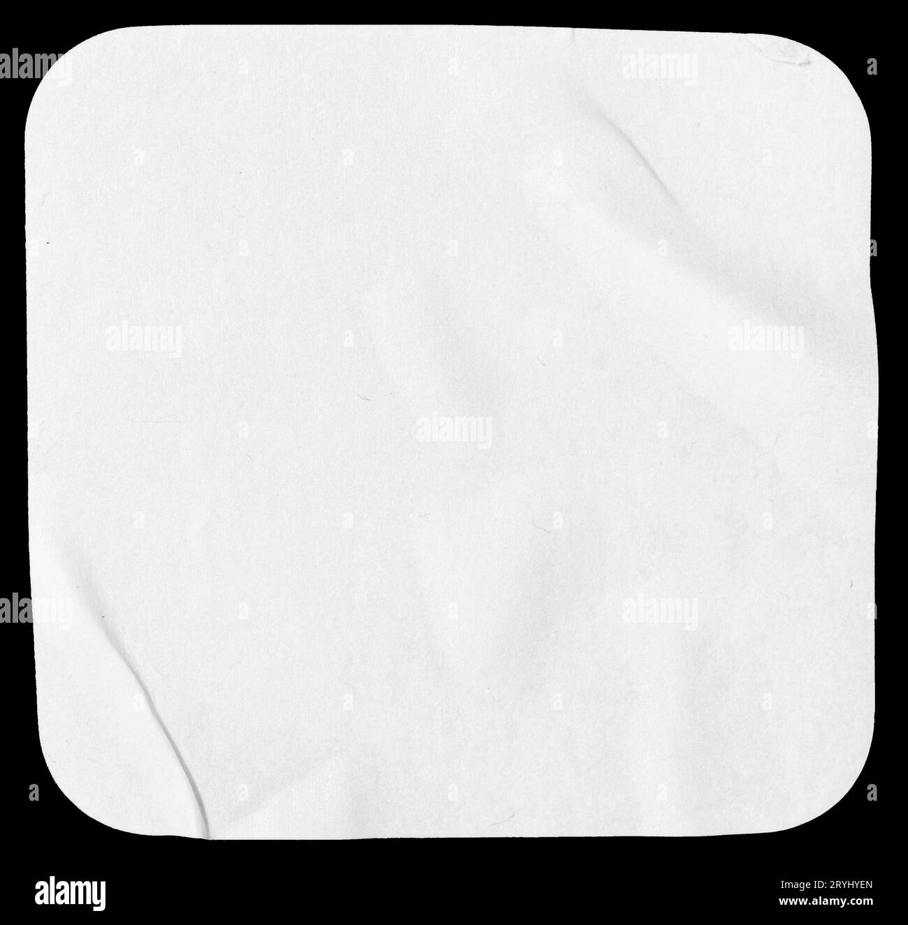 Blank white square shape card isolated on black background. Crumpled ...