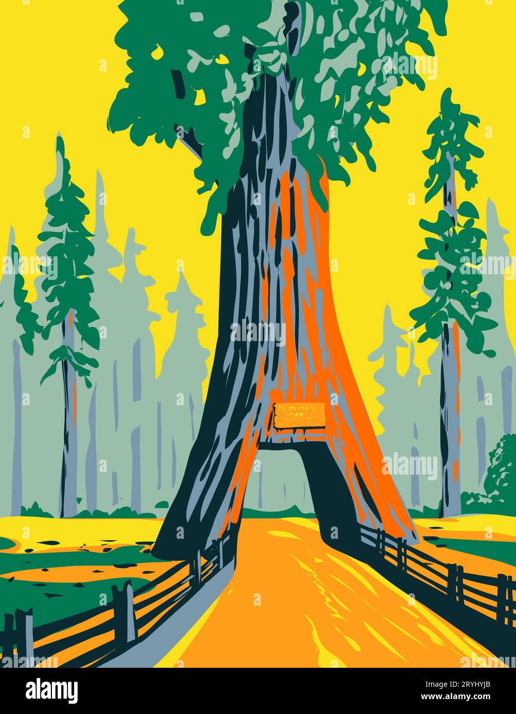 WPA poster art of the Chandelier Tree in Drive Thru Tree Park in