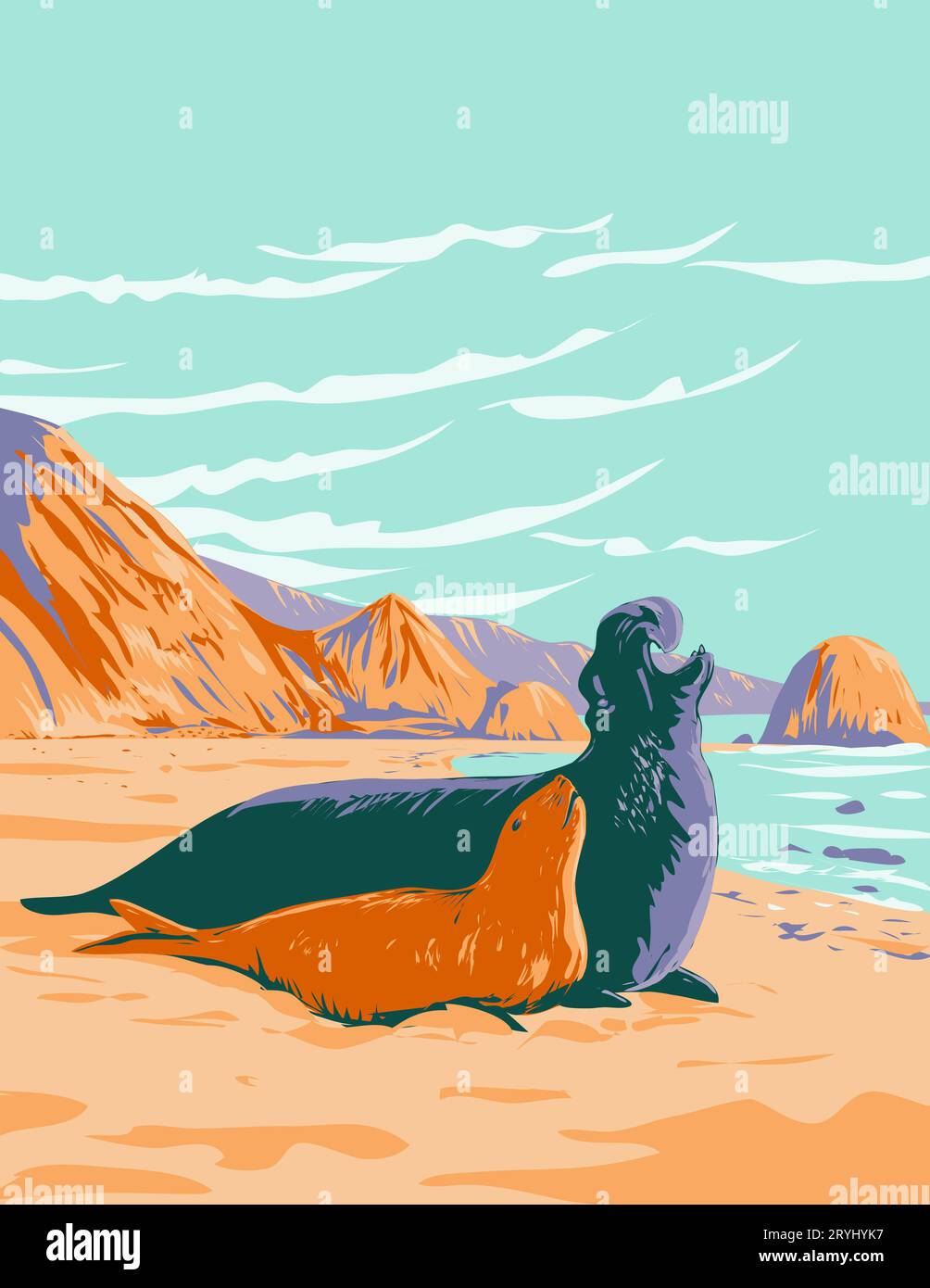 Northern Elephant Seal at Point Reyes National Seashore Marin County California WPA Poster Art Stock Photo