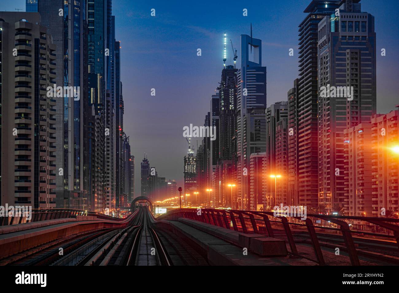 Dubai cityscape and morning ray Stock Photo