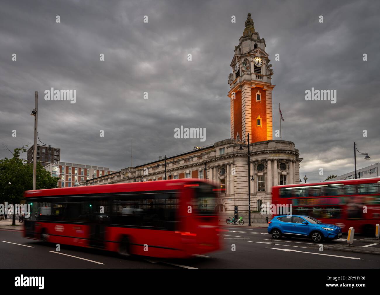 Brixton, London, UK: Lambeth Town Hall with its impressive clock tower on Brixton Hill in Brixton. Evening view. Stock Photo