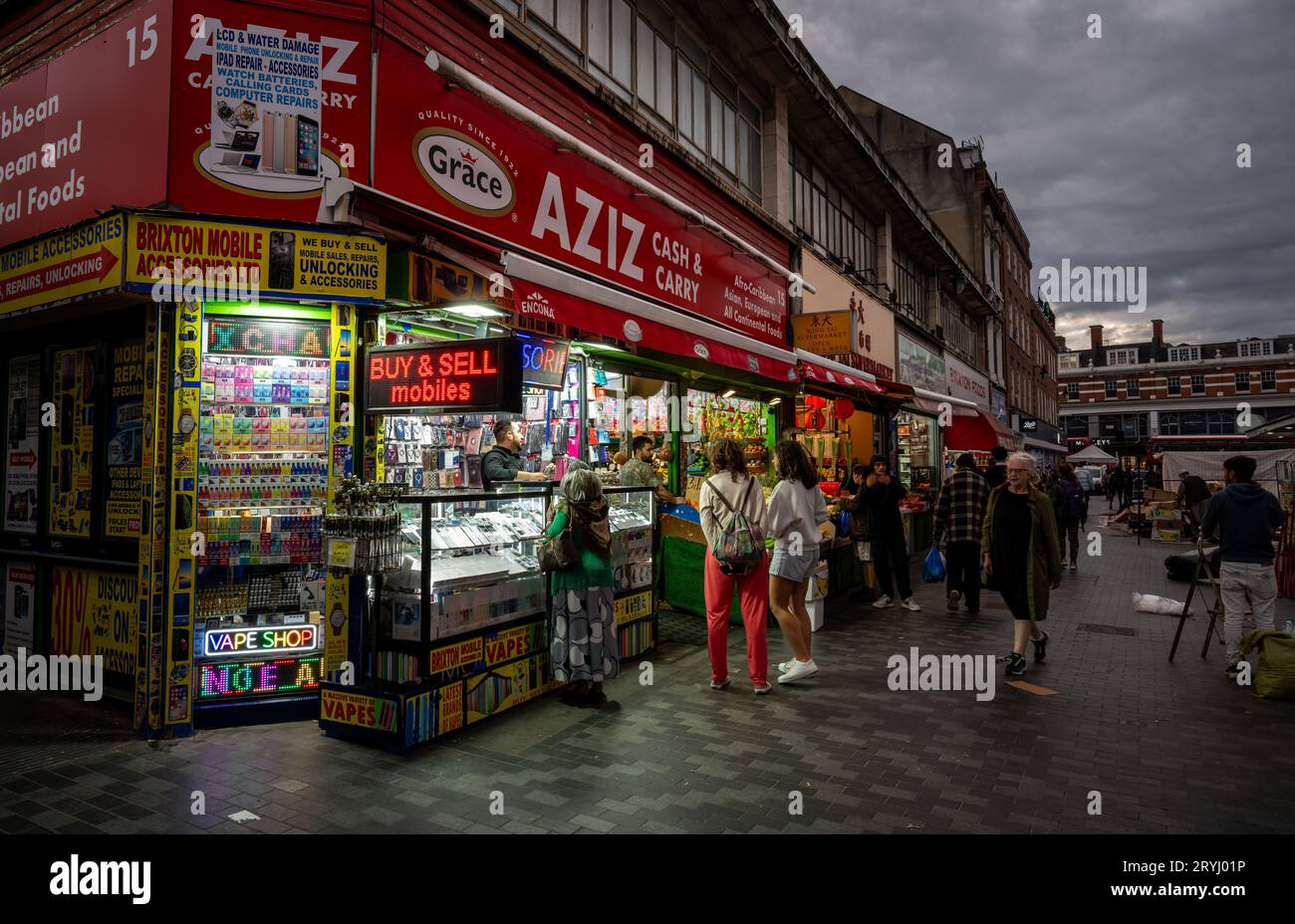 Brixton, London, UK Electric Avenue in Brixton at night. A