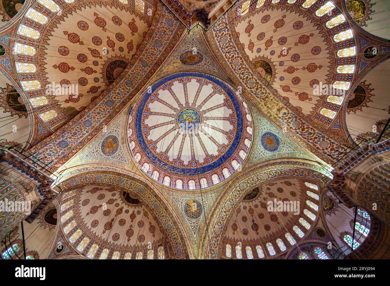 View of interior geometric painting at the ceiling of Blue Mosque in Istanbul. Stock Photo