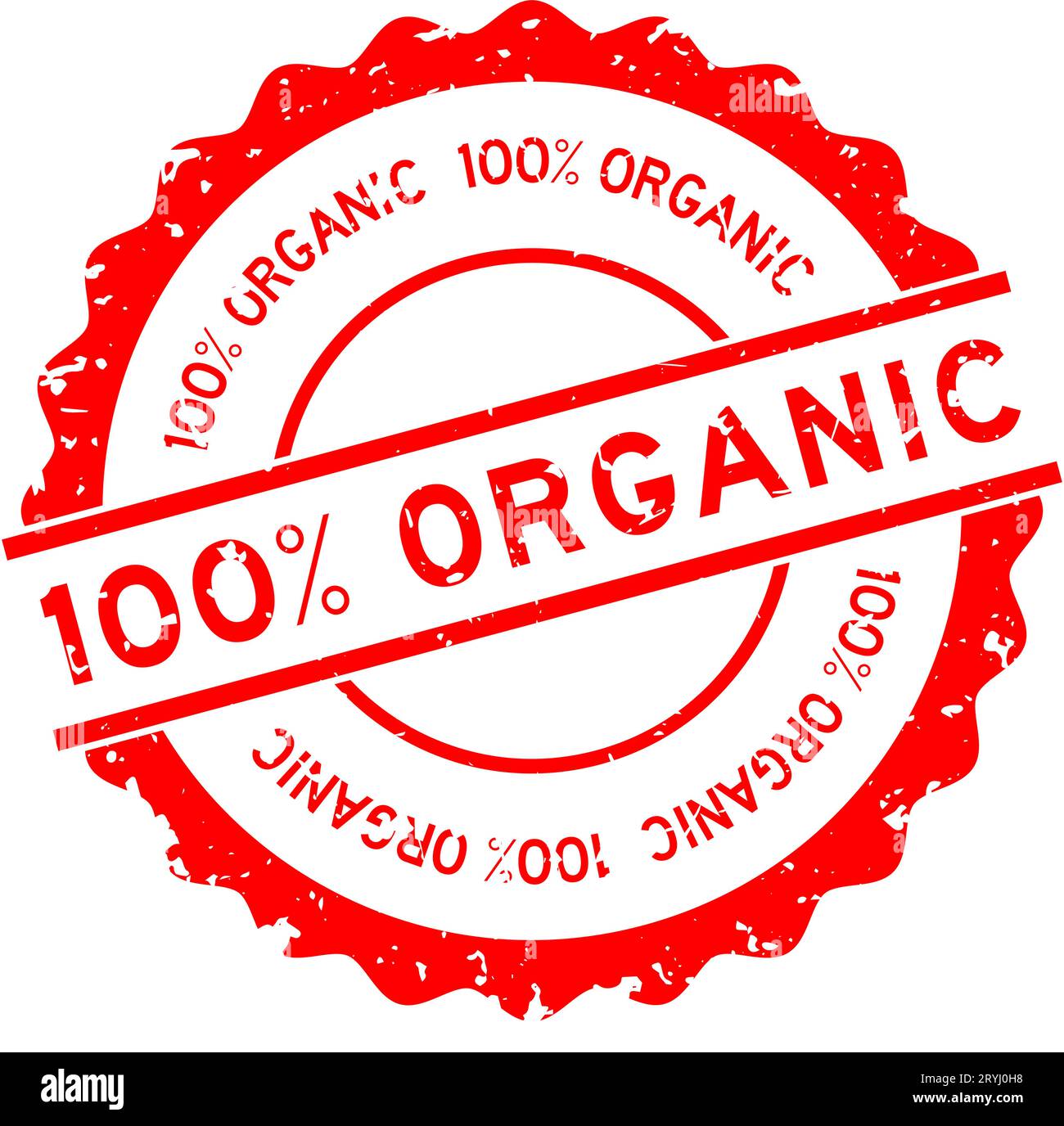 Grunge red 100 % organic word round rubber seal stamp on white ...