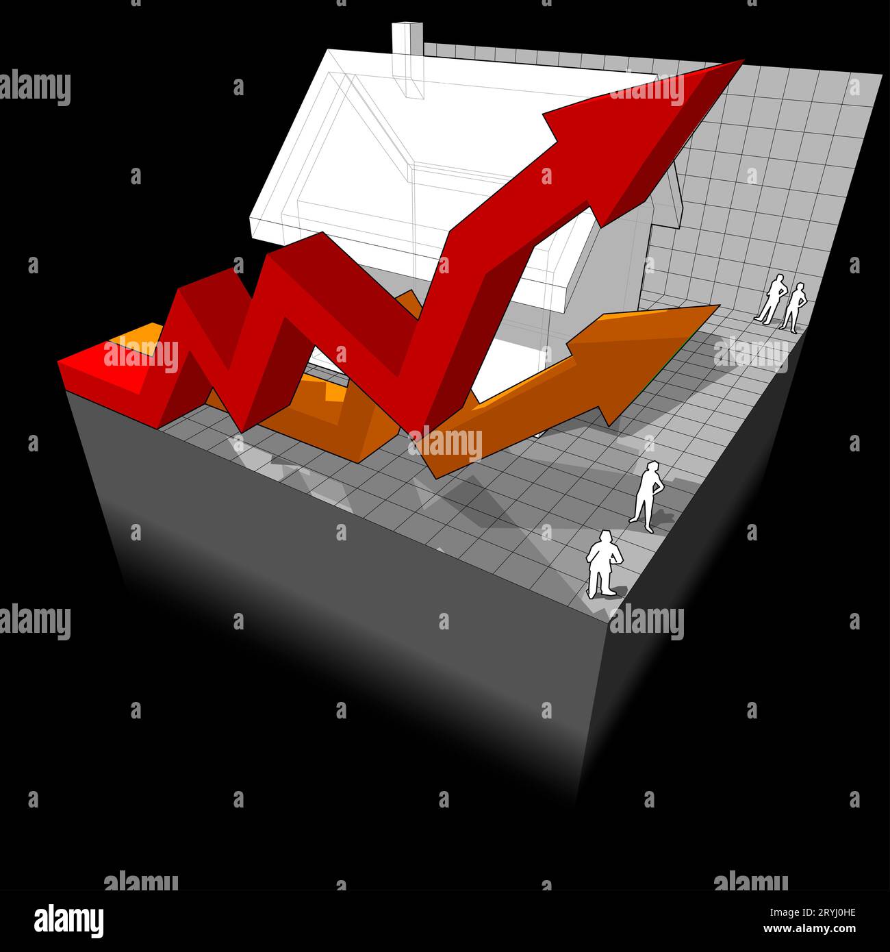 House Rising Arrow Diagram of a detached house with two rising business diagram arrows ...