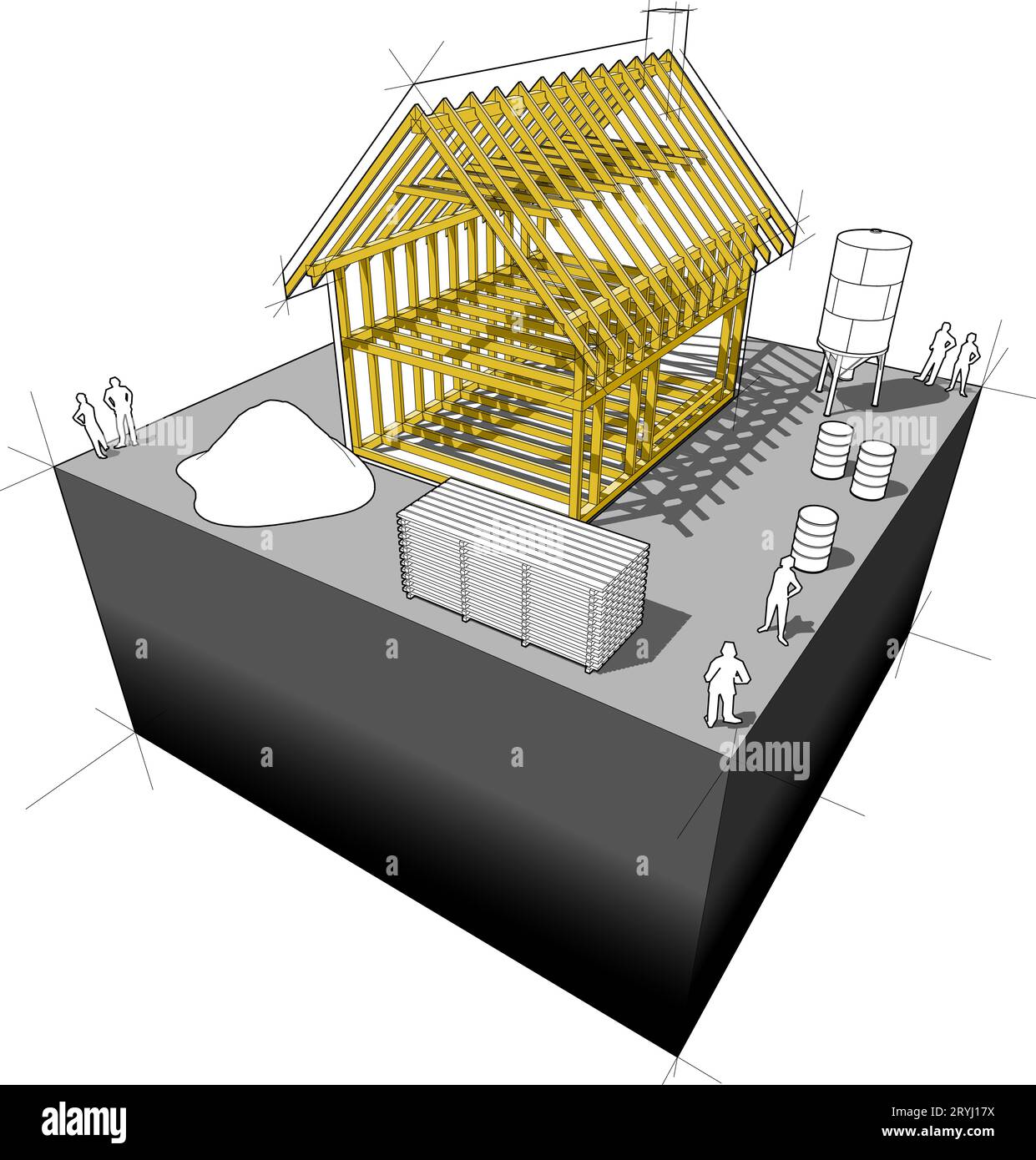 Construction of simple detached house with wooden framework ...