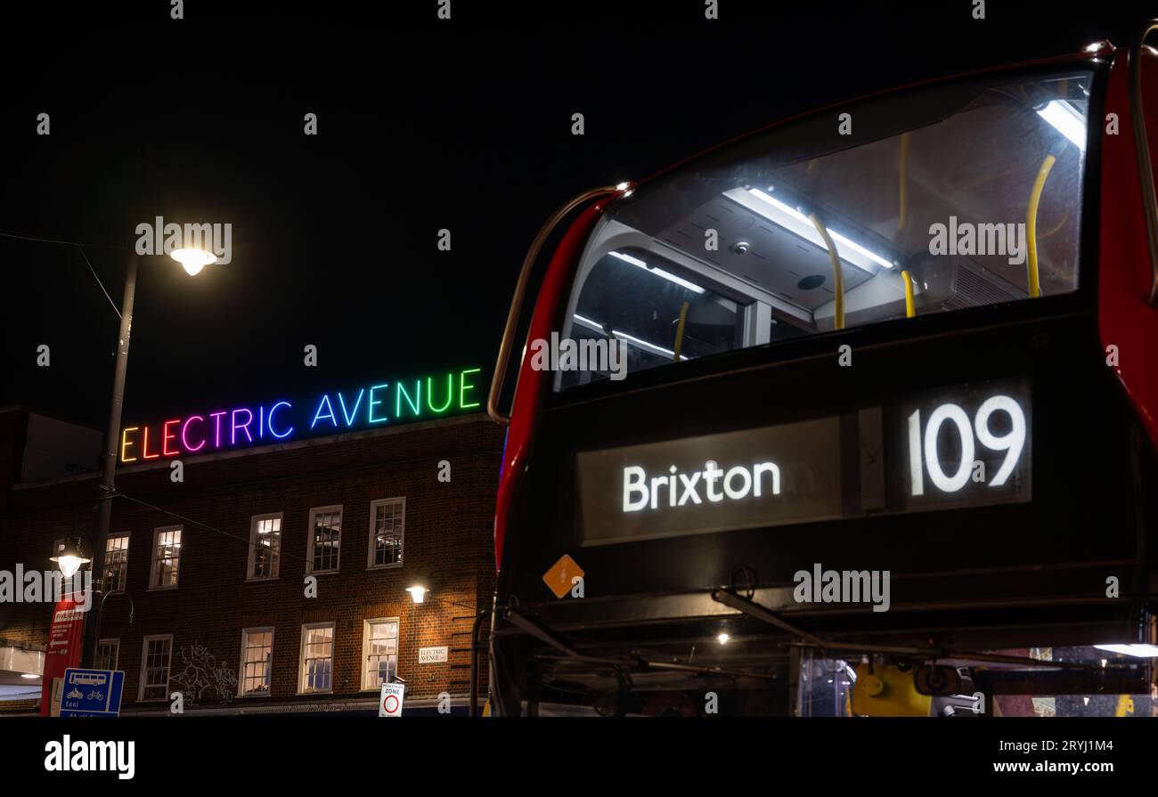 Brixton, London, UK: The 109 double-decker bus waiting at a bus stop on Brixton Road opposite Electric Avenue. Stock Photo