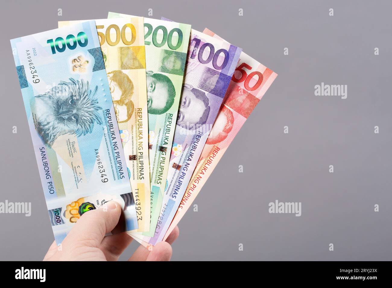 Philippine money on a gray background Stock Photo