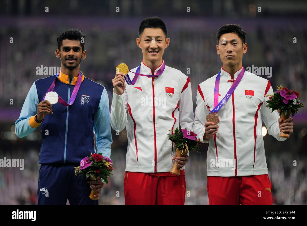 Medalists, from left to right, India's Sreeshankar, silver, China's