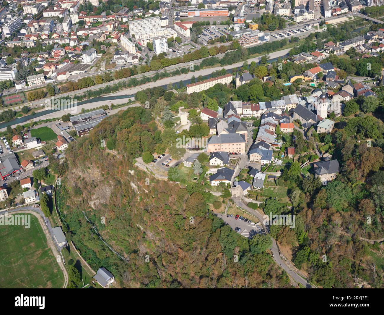 AERIAL VIEW. Medieval town of Conflans. Albertville, Savoie, Auvergne-Rhône-Alpes, France. Stock Photo