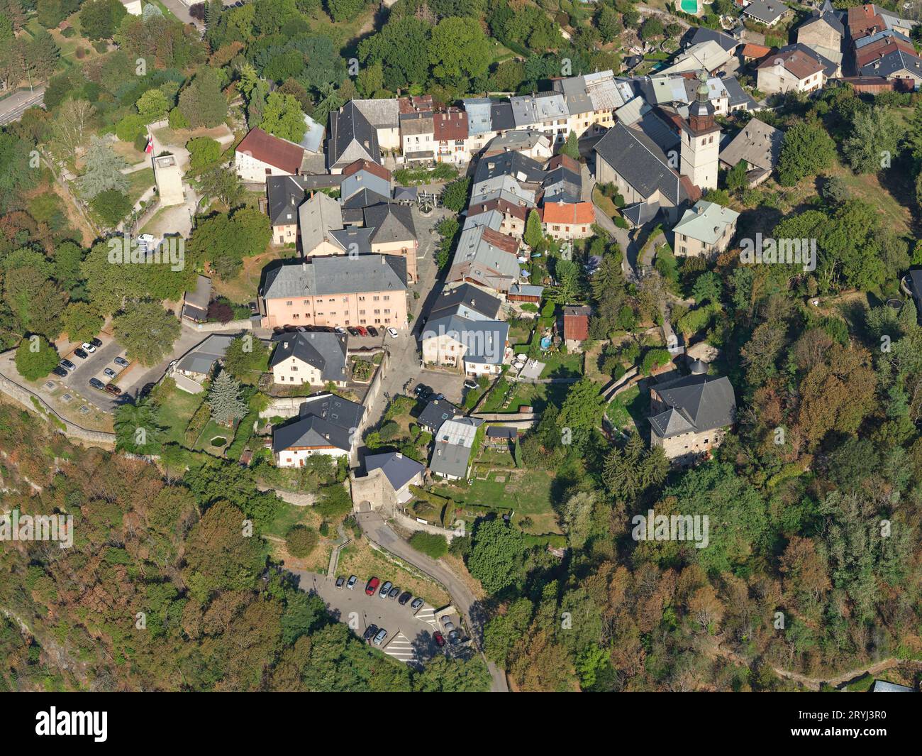 AERIAL VIEW. Medieval town of Conflans. Albertville, Savoie, Auvergne-Rhône-Alpes, France. Stock Photo