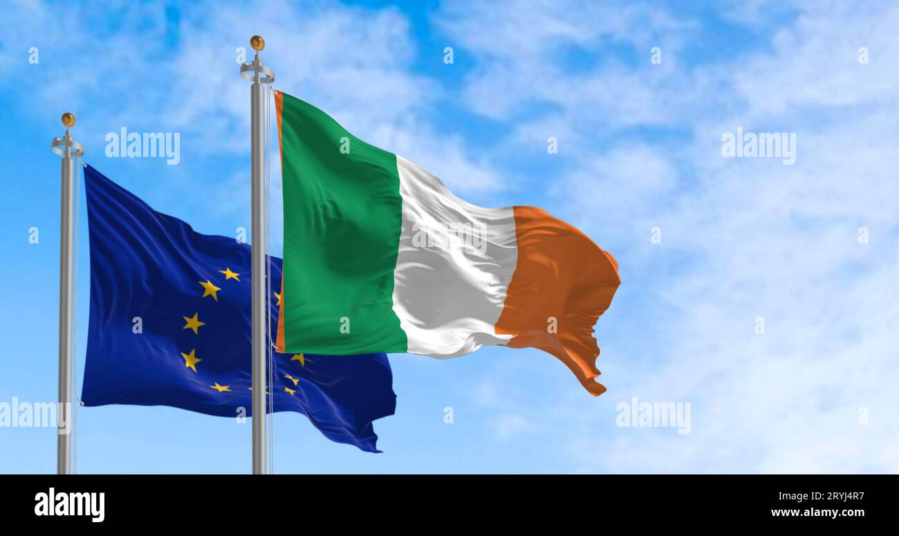 The flags of Ireland and the European Union fluttering together on a ...