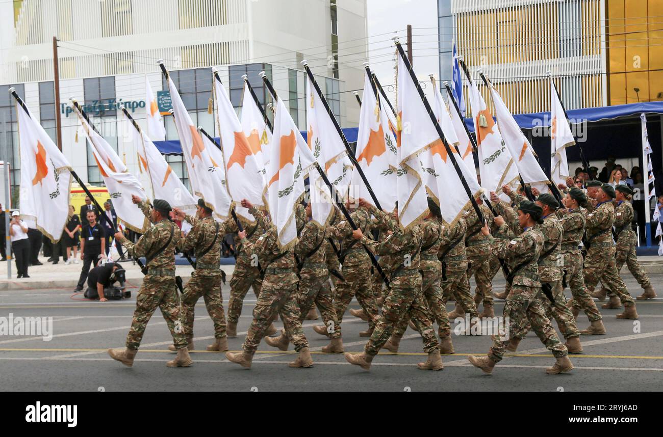 Nicosia, Cyprus. 1st Oct, 2023. Soldiers of Cypriot National Guard march in a military parade