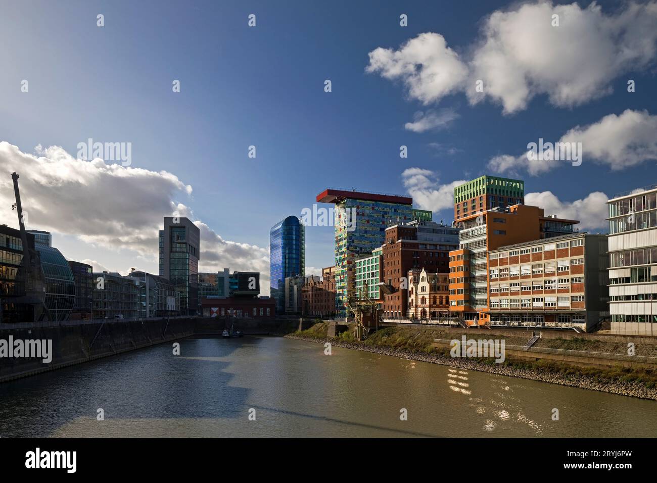 Contrasting architecture in the Medienhafen, Duesseldorf, North Rhine-Westphalia, Germany, Europe Stock Photo