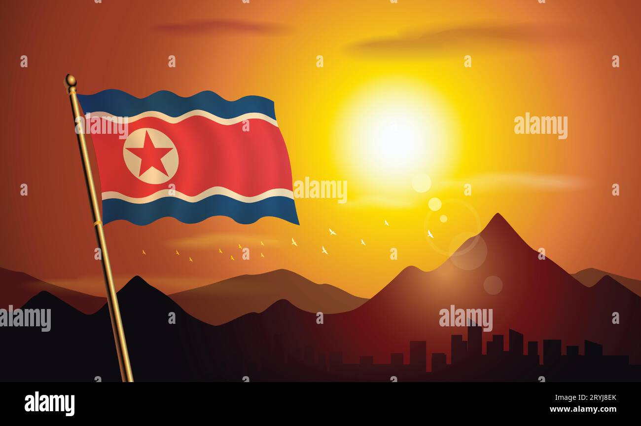 North Korea flag with sunset background of mountains and lakes Stock Vector