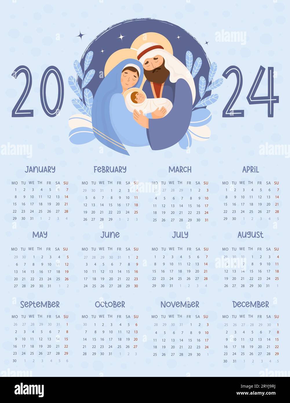 2024 annual Christmas calendar. Holy Family. Cute Virgin Mary, saint