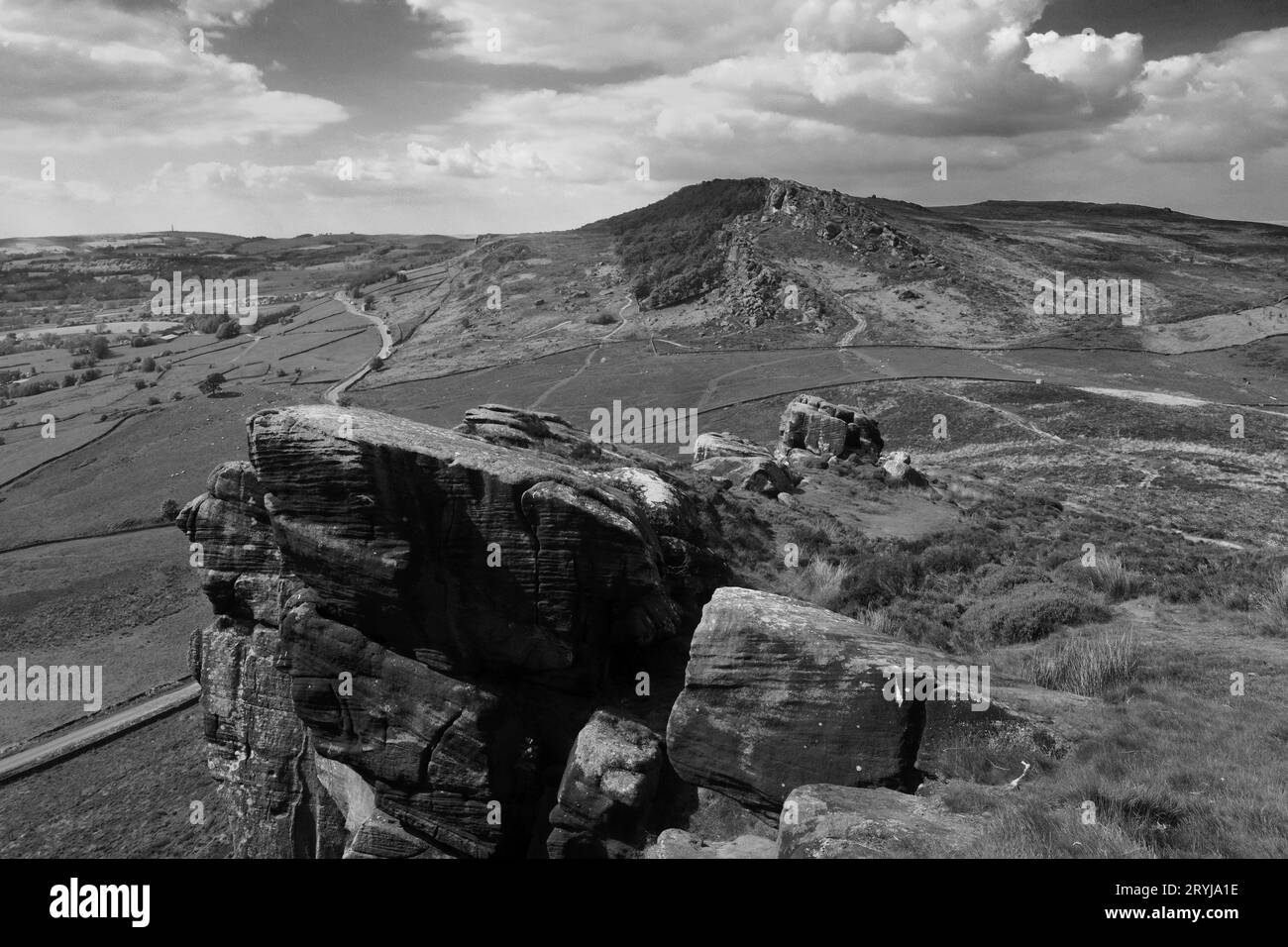 View to Hen Cloud rock, the Roaches Rocks, Upper Hulme, Staffordshire, England, UK Stock Photo
