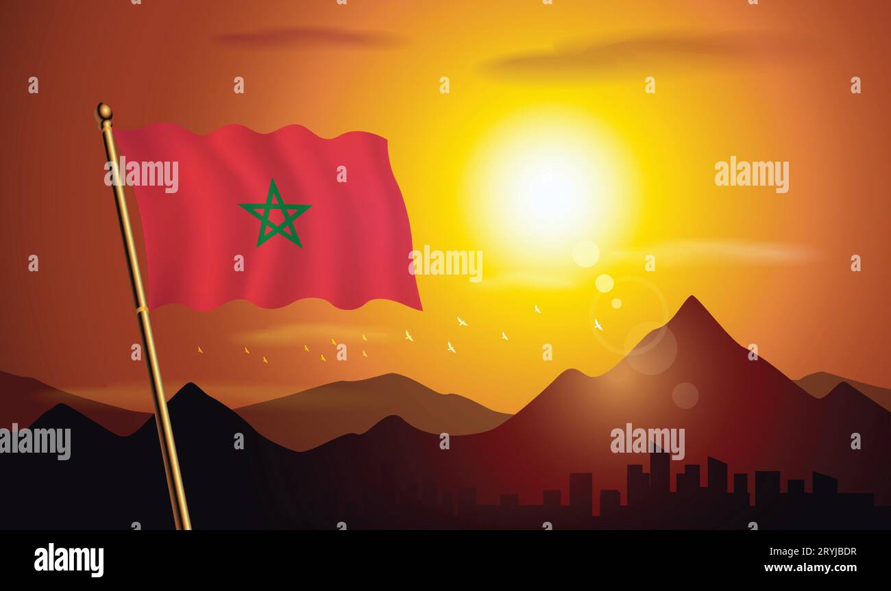 Morocco flag with sunset background of mountains and lakes Stock Vector