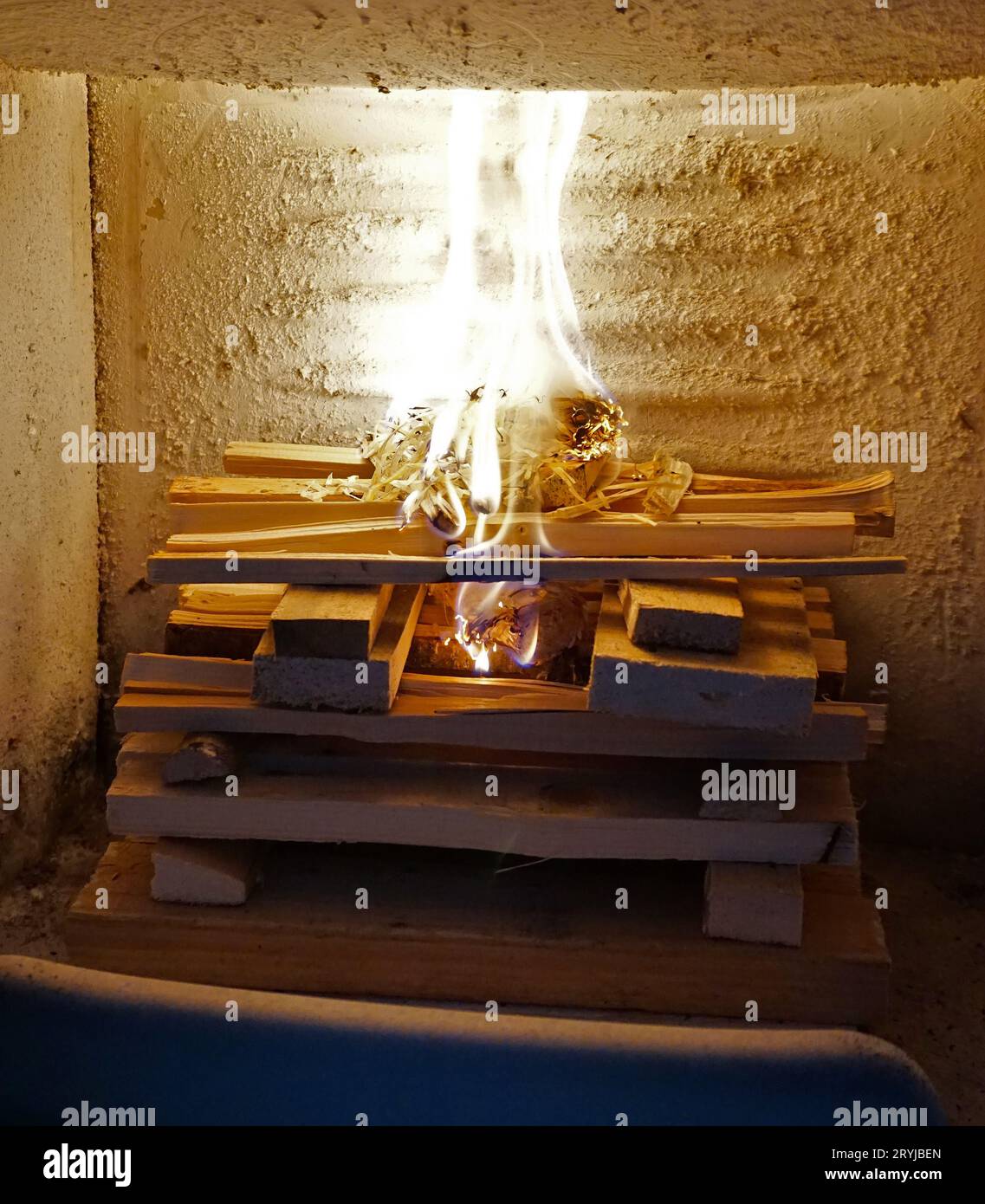 Woodburning stove, example of properly lighting a fireplace Stock