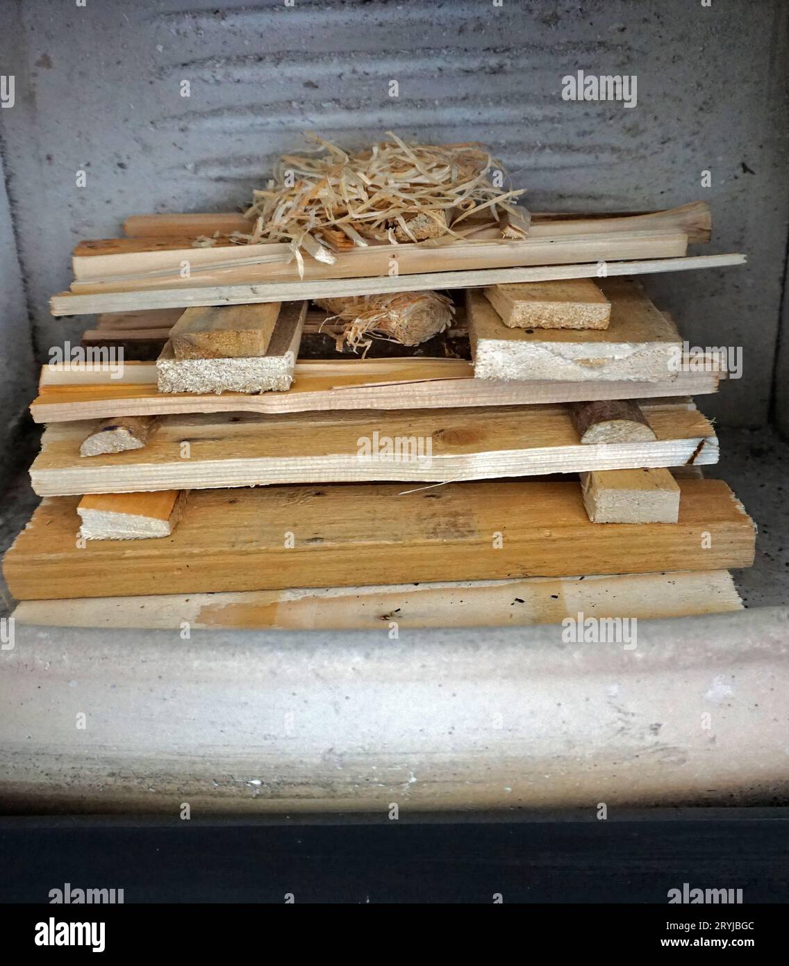 Woodburning stove, example of properly lighting a fireplace Stock