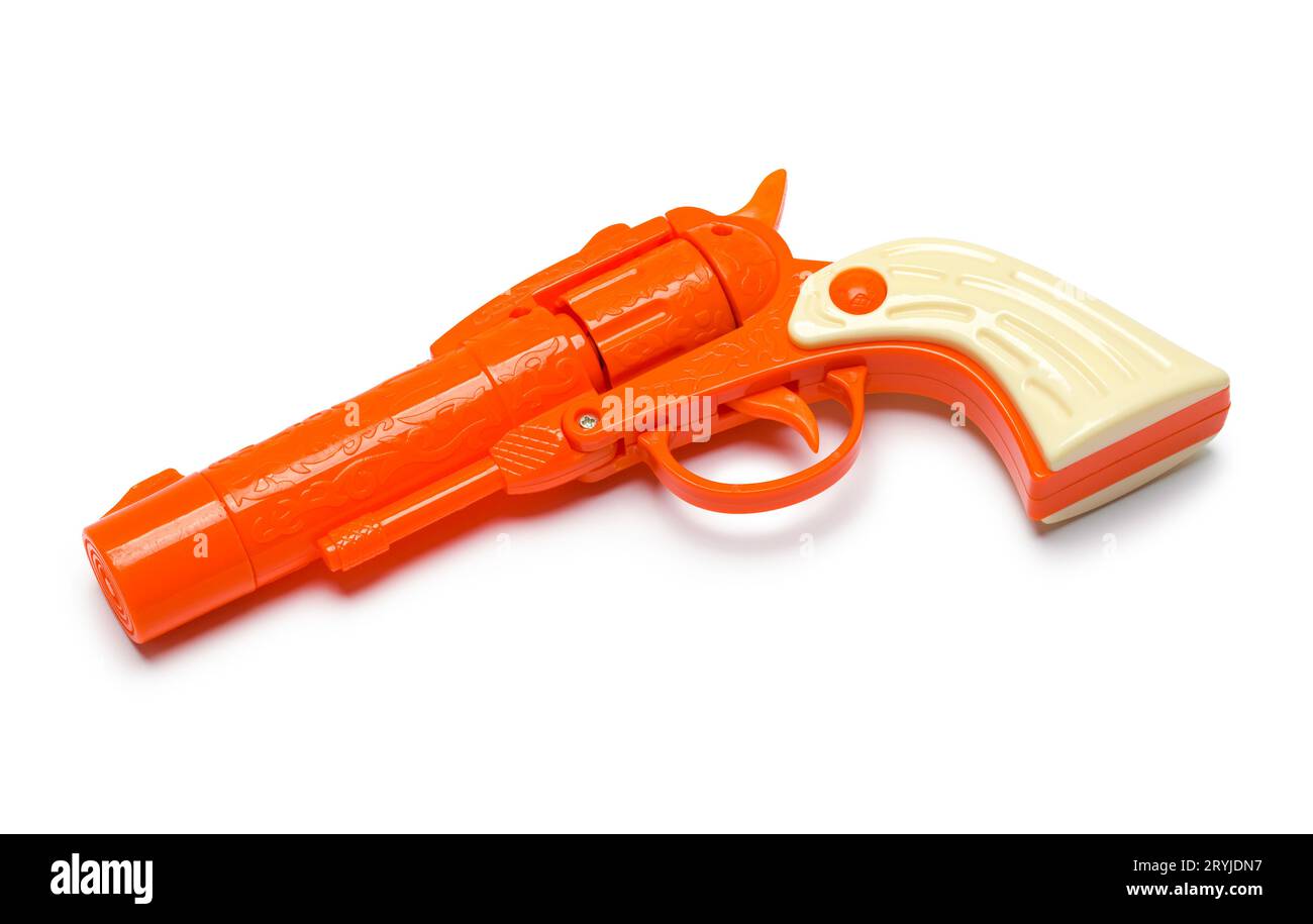 Orange Toy Pistol Cut Out on White. Stock Photo