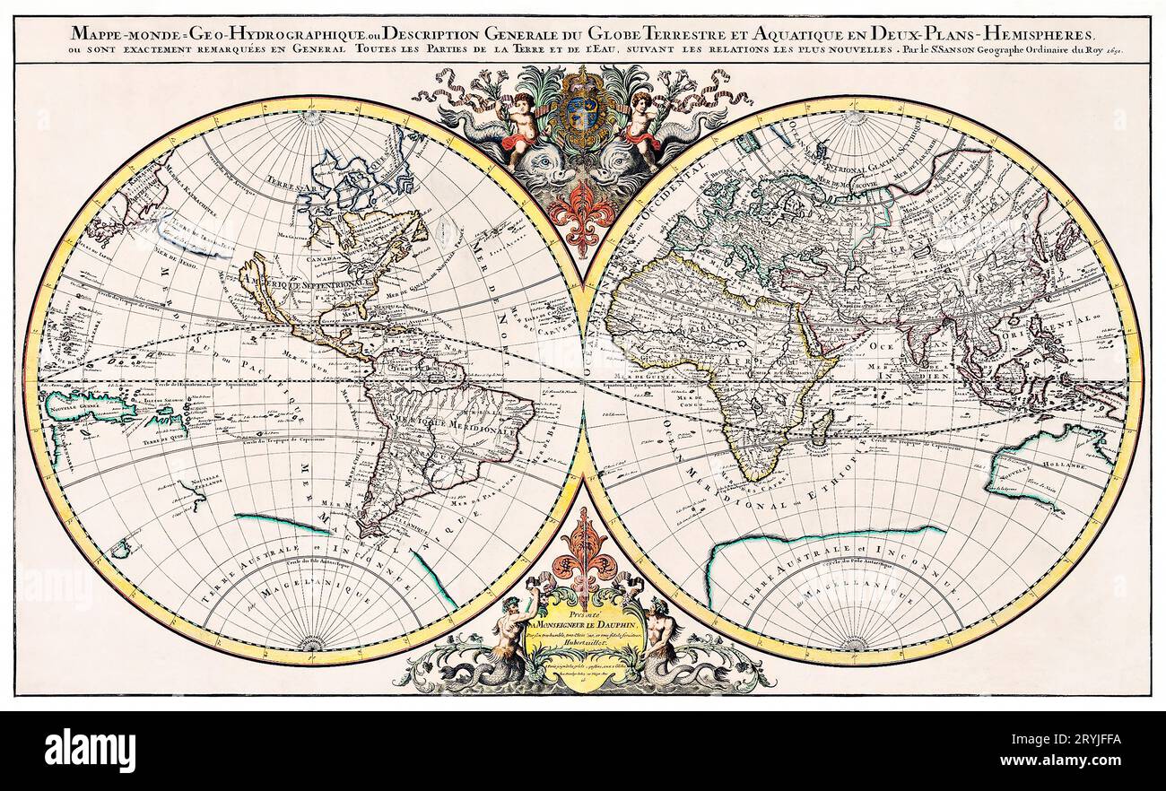 Description generale du globe terrestre et aquatique en deux-plans-hemispheres (1691) by Alexis-Hubert Jaillot and Nicolas Sanso Stock Photo