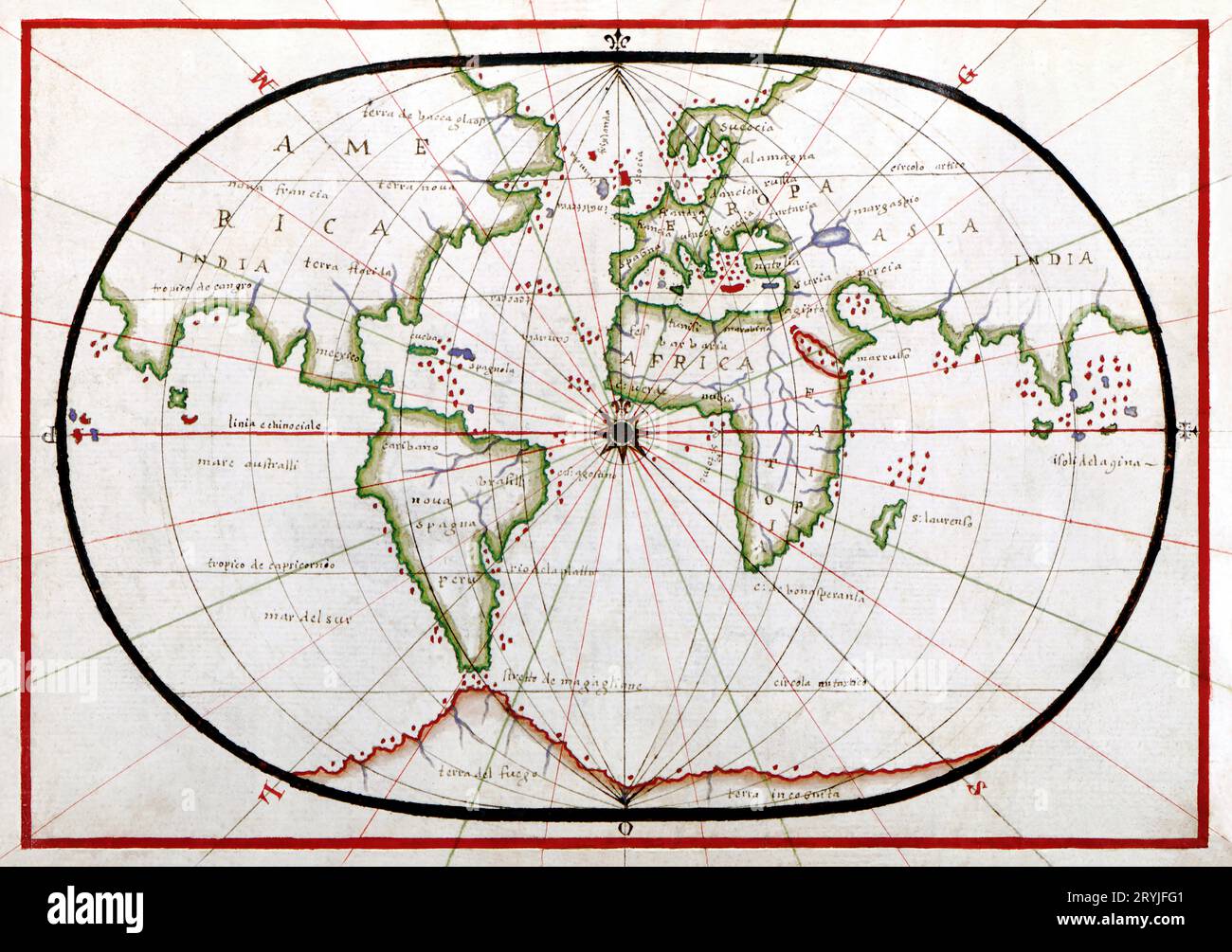 Portolan atlas of the Mediterranean Sea, western Europe, and the northwest coast of Africa: World map drawn on an oval projectio Stock Photo