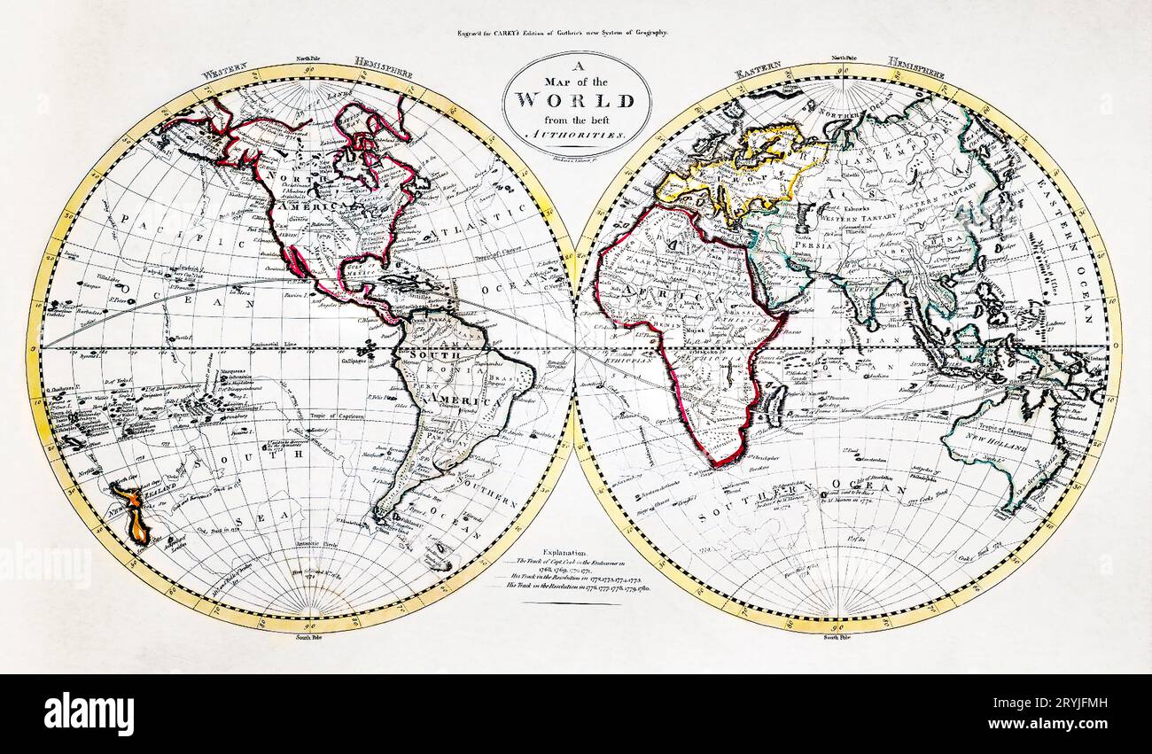 A Map of the World from the best Authorities (1795) from Carey's American Edition of Guthrie's Geography Improved. Stock Photo