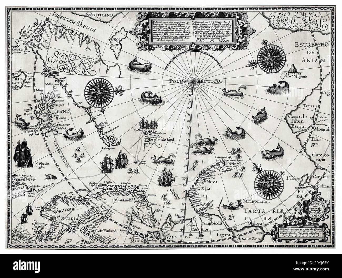 Kaart van het Noordpoolgebied (1598) by Willem Barendsz. Original from The Rijksmuseum. Stock Photo