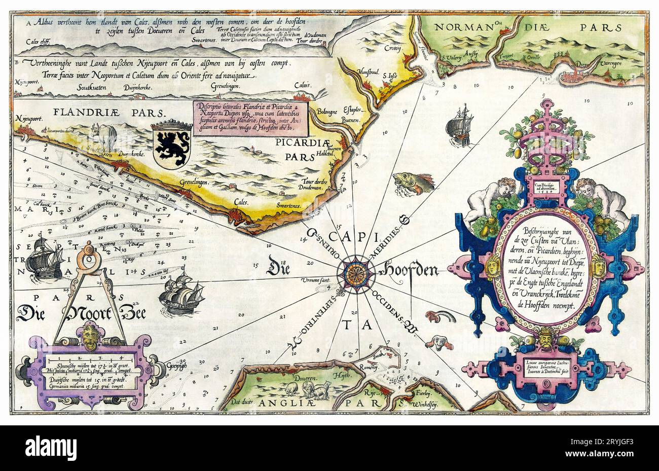 Kaart van de kusten van Vlaanderen, Normandieuml; en Engeland (ca. 1580; 1581) by Joannes van Doetechum Stock Photo