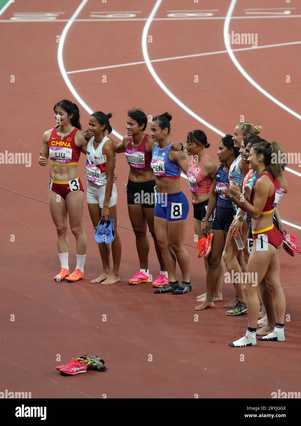 Hangzhou, China's Zhejiang Province. 1st Oct, 2023. Athletes pose for