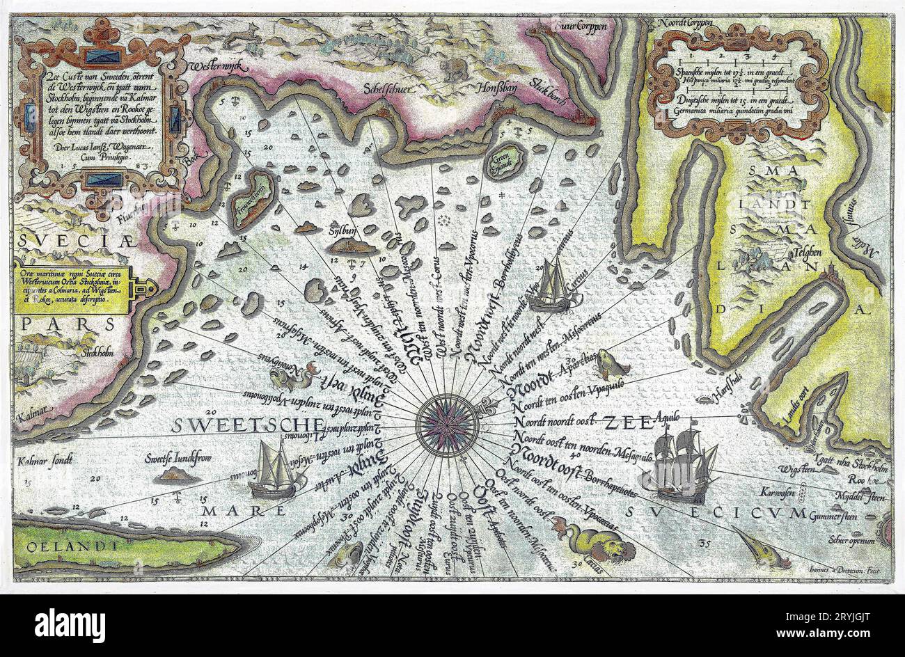 Kaart van de kust van Zweden tussen Kalmar en Stockholm (ca. 1580; 1583) by Joannes van Doetechum. Stock Photo