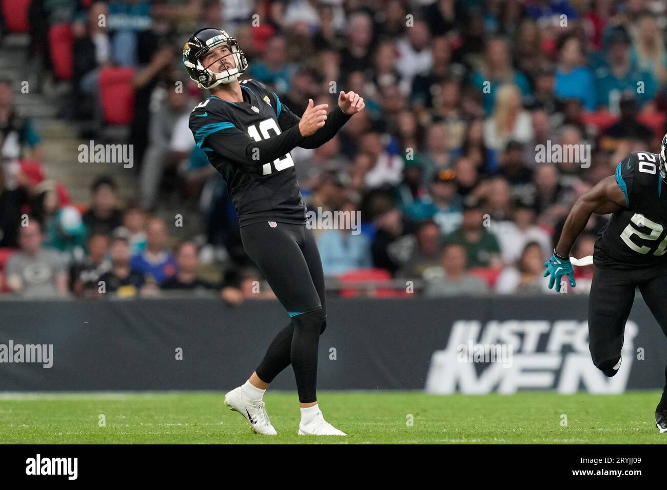 Jacksonville Jaguars place kicker Brandon McManus (10) follows through