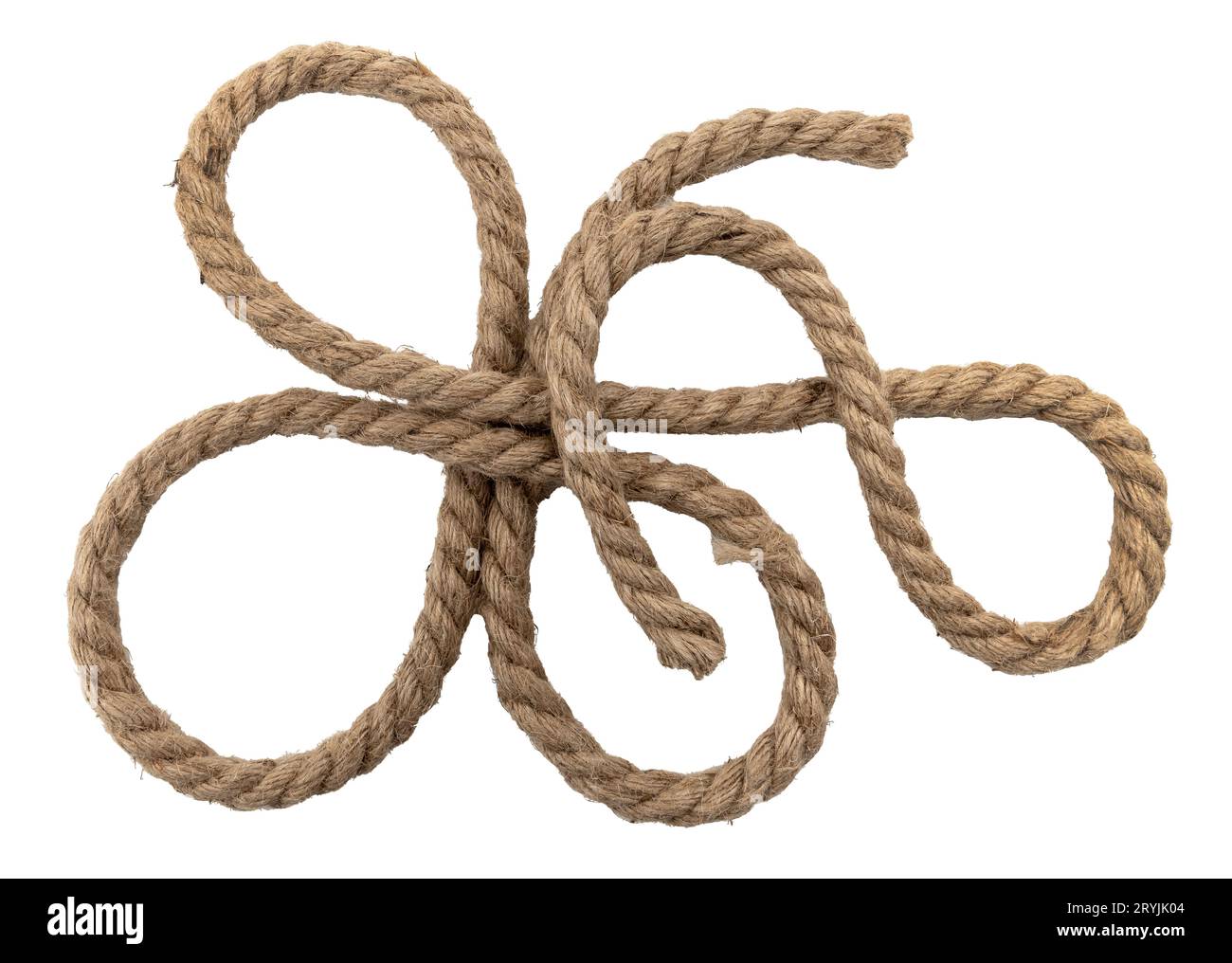Rope made of jute in loops and knots on a white background. Linen