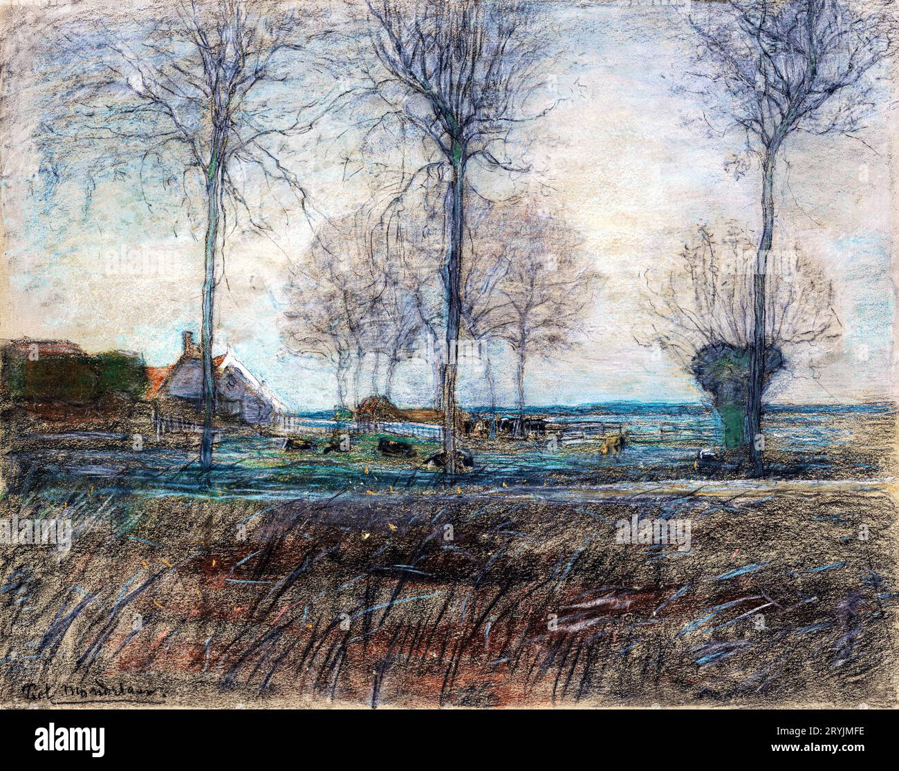 Farm Setting, Three Tall Trees in the Foreground drawing in high resolution by Piet Mondrian. Stock Photo