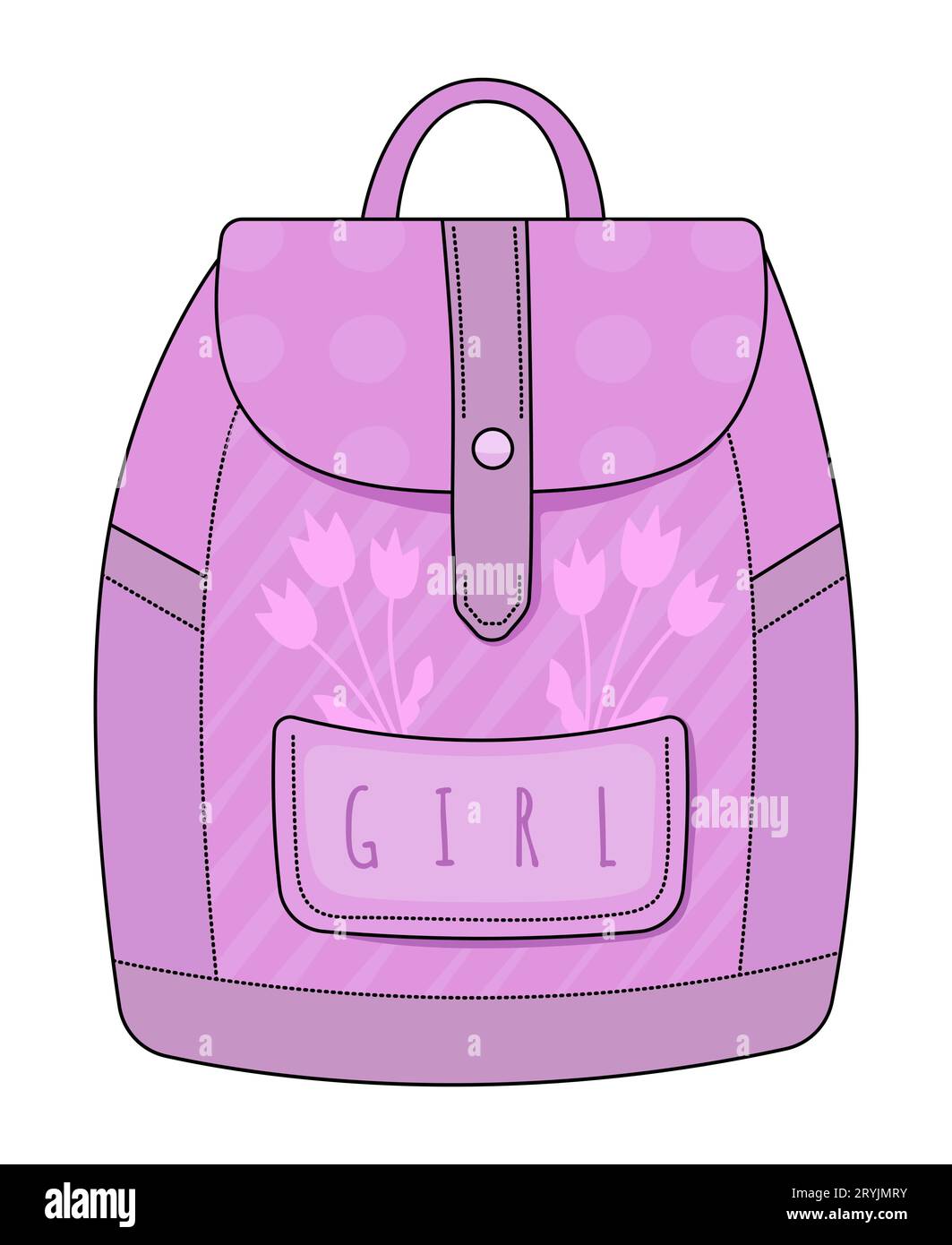 Pink cute girl backpack, vector monochrome illustration with black stroke Stock Vector